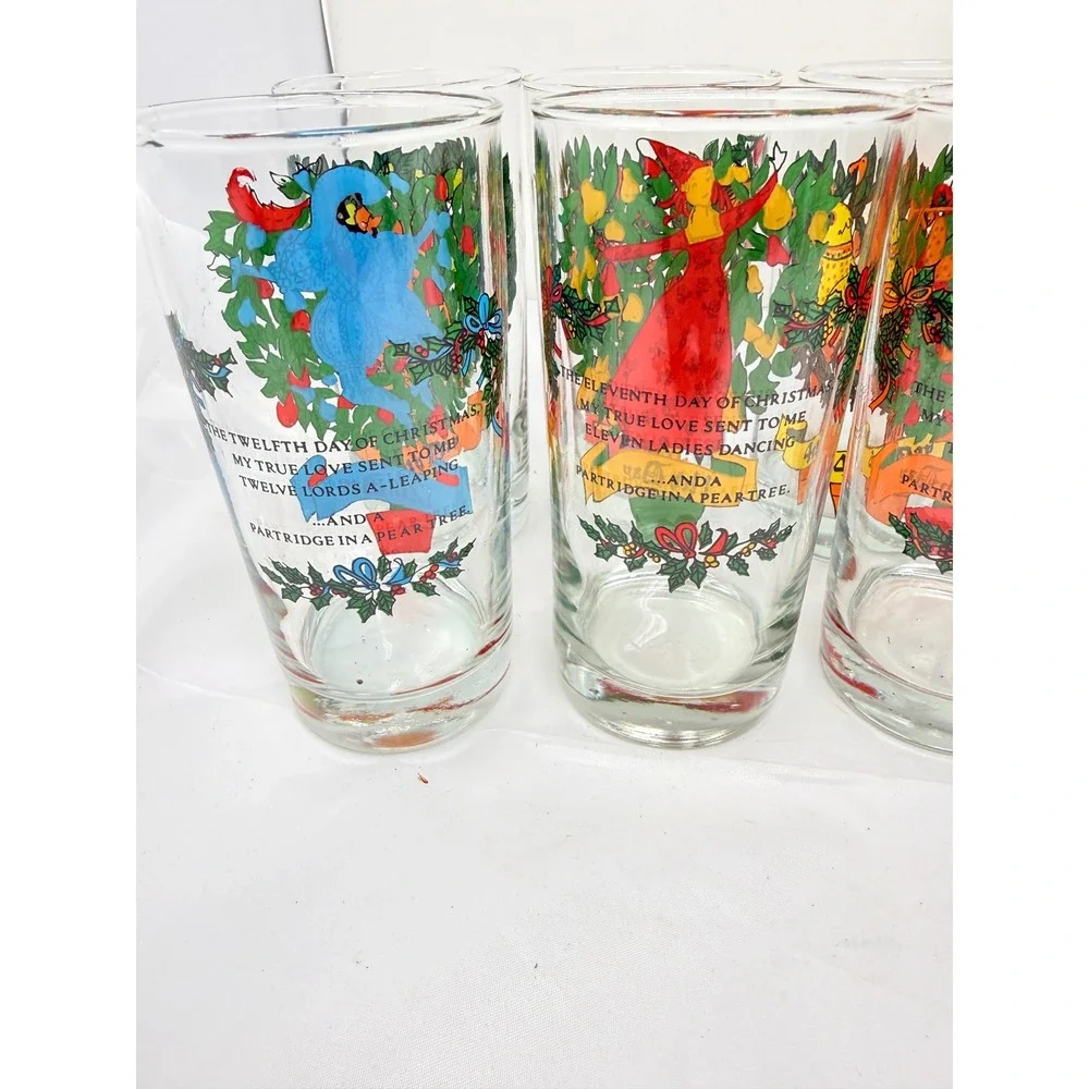 Vintage 12 Days of Christmas Indiana Glass USA Water Tumbler 12oz Entire set